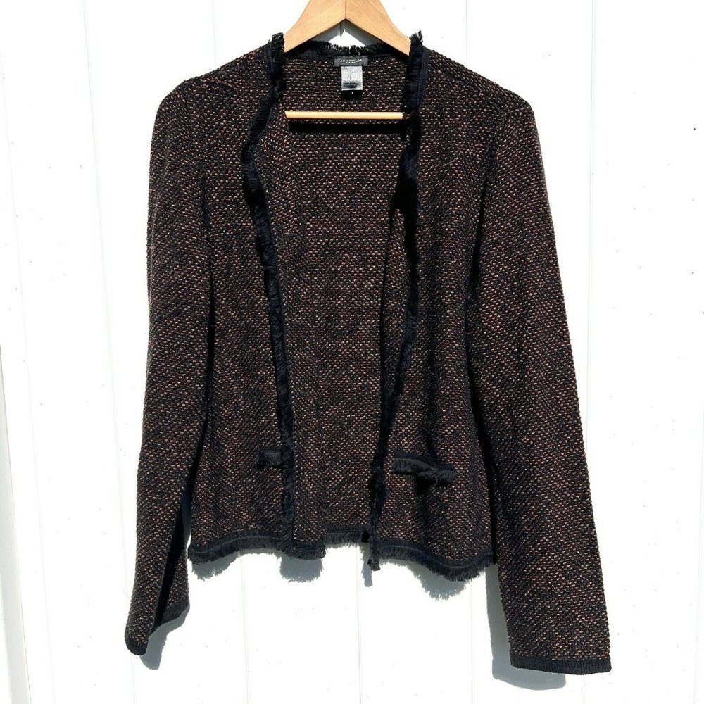 Ann Taylor Cardigan Sweater Orange Pink Black Open Fringe Knit Large